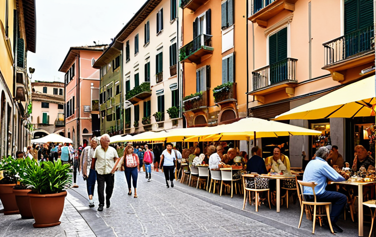** A bustling street scene in a revitalized urban neighborhood in Italy. Show modern buildings incorporating green design (balconies with plants, solar panels) alongside traditional architecture.  Focus on happy people of diverse ages and backgrounds interacting – shopping at local artisan stores, enjoying a coffee at an outdoor cafe, children playing in a small park. The overall feeling should be positive and demonstrate a successful balance of progress and community.

**