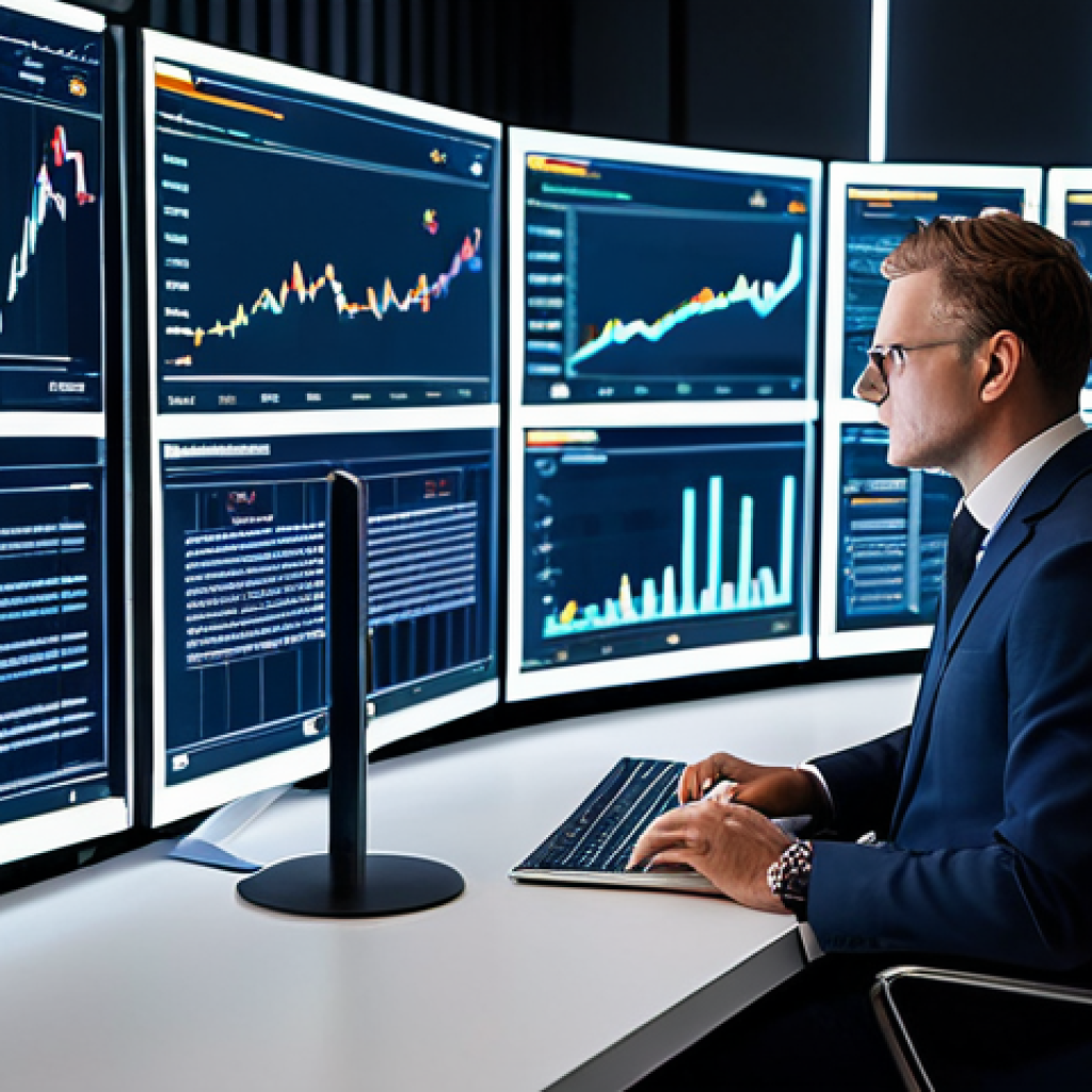A professional investor, a focused individual in a modest business suit, sitting at a sleek, minimalist desk. The background is dominated by large, futuristic screens displaying complex real estate market analytics, intricate data charts, and AI-driven predictive models with glowing lines. The office environment is modern, clean, and bathed in soft, strategic lighting, emphasizing technological integration and strategic foresight. This image represents the digital era of intelligent investment. perfect anatomy, correct proportions, natural pose, well-formed hands, proper finger count, natural body proportions, high-quality digital art, professional photography style, safe for work, appropriate content, fully clothed, professional.