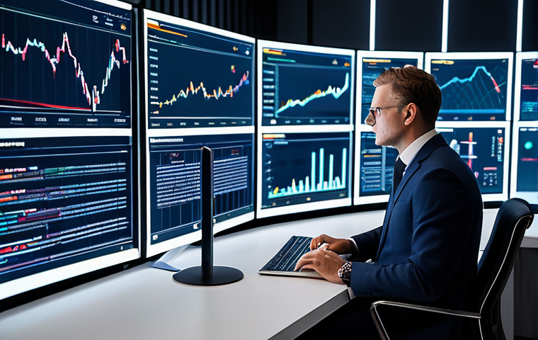 A professional investor, a focused individual in a modest business suit, sitting at a sleek, minimalist desk. The background is dominated by large, futuristic screens displaying complex real estate market analytics, intricate data charts, and AI-driven predictive models with glowing lines. The office environment is modern, clean, and bathed in soft, strategic lighting, emphasizing technological integration and strategic foresight. This image represents the digital era of intelligent investment. perfect anatomy, correct proportions, natural pose, well-formed hands, proper finger count, natural body proportions, high-quality digital art, professional photography style, safe for work, appropriate content, fully clothed, professional.