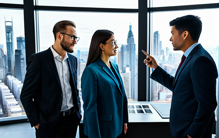 A group of diverse professional real estate investors, fully clothed in modest business attire, are actively engaged in a discussion around a large holographic display showcasing complex market data, financial charts, and potential urban development zones. They are pointing and interacting with the data, demonstrating strategic analysis and foresight. The setting is a sleek, modern office with expansive windows offering a panoramic view of a vibrant, thriving city skyline. Perfect anatomy, correct proportions, natural pose, well-formed hands, proper finger count, natural body proportions. High-resolution professional photography, cinematic lighting, sharp focus. Safe for work, appropriate content, fully clothed, professional, family-friendly.